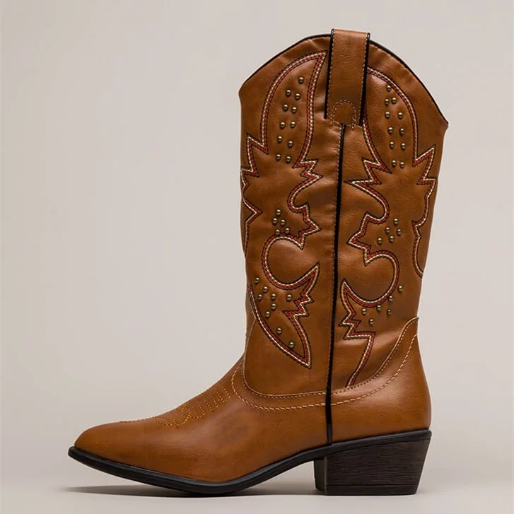 Brown Cowgirl Boots Studs Low Heel Mid Calf Boots |FSJ Shoes