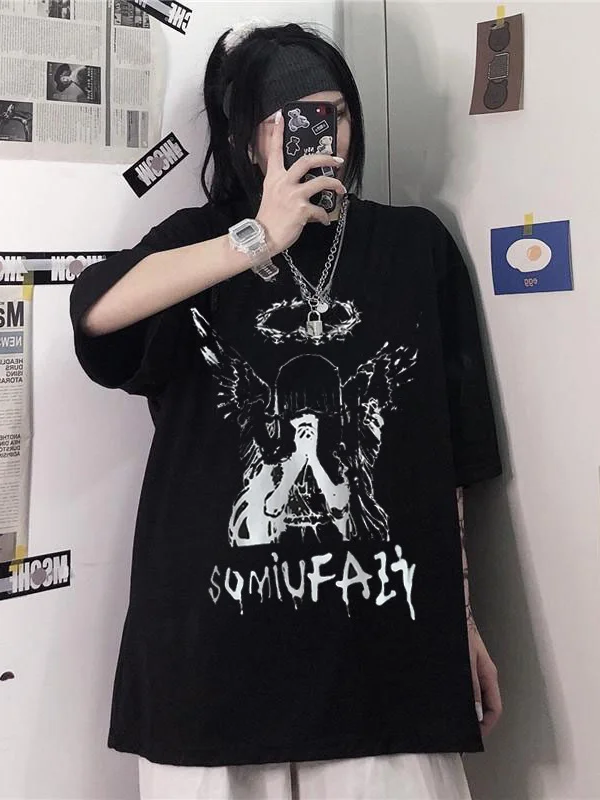 Gothic Dark Anime Short Sleeve Crew Neck Printed T-shirt