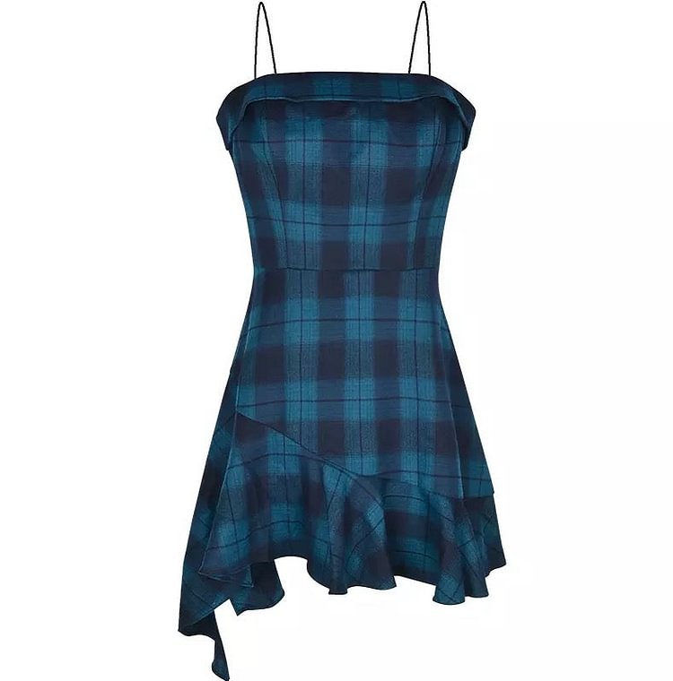 Irregular Blue Plaid Suspender Summer Dress