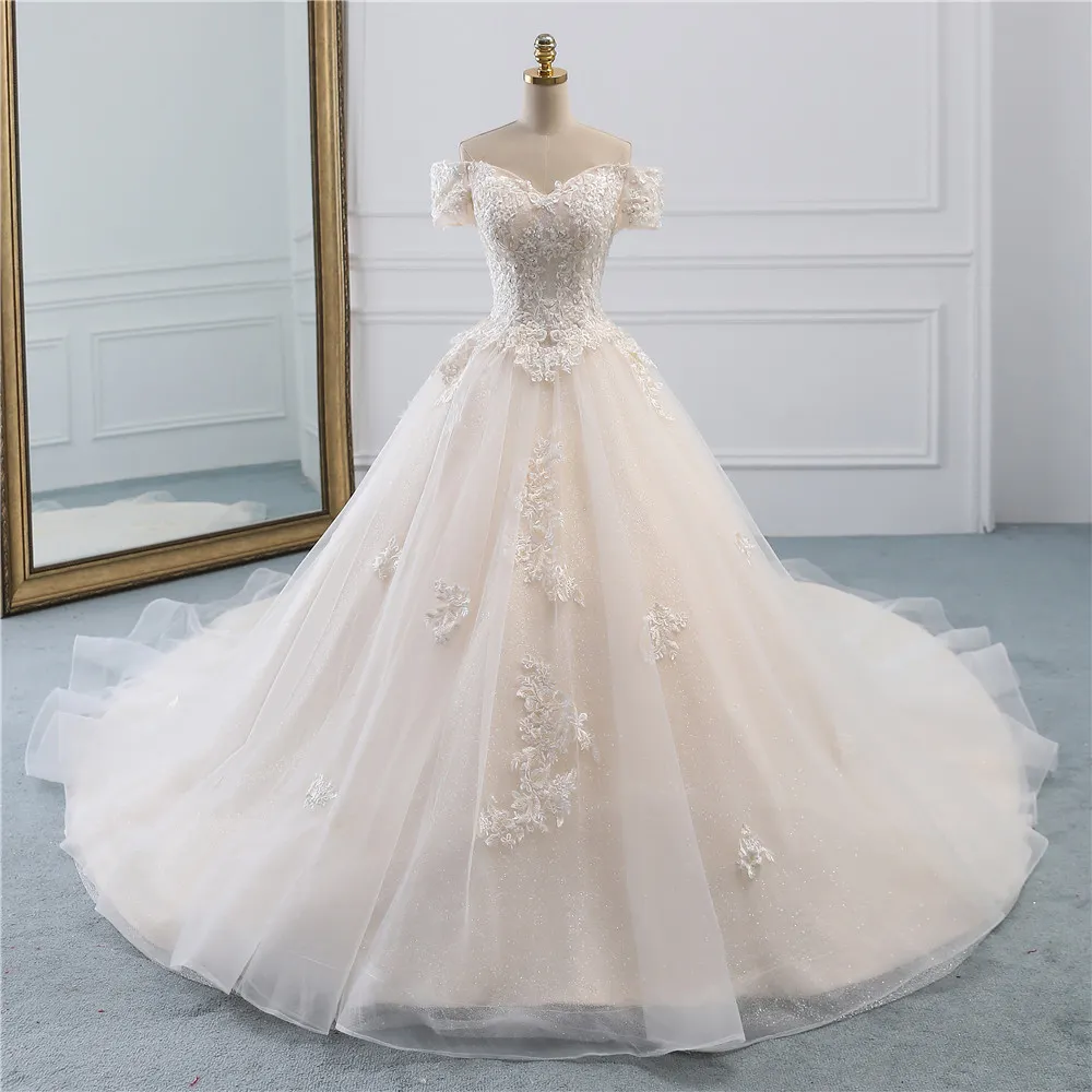 Off-the-Shoulder Sleeveless Long Tulle Wedding Dresses with Appliques