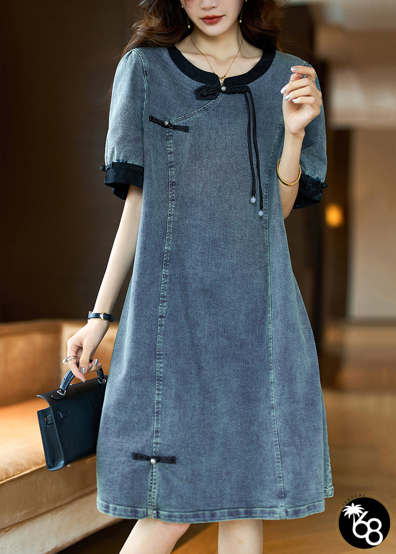 Loose Black O Neck Button Patchwork Denim Dress Summer | 168DEAL