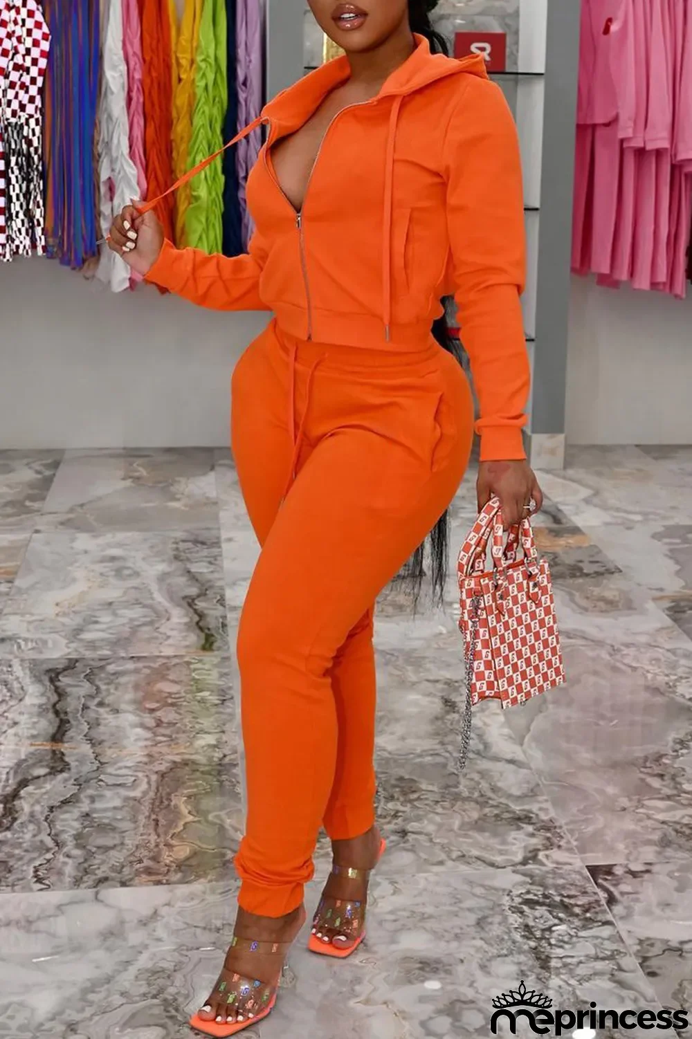 Orange Fashion Casual Solid Zipper Hooded Collar Long Sleeve Two Pieces