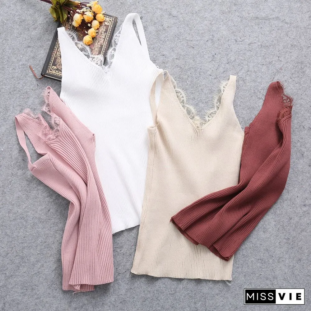 Sexy Women Plain Camisole Lace Splicing Double V Neck Vest Slim Sling Tank Tops
