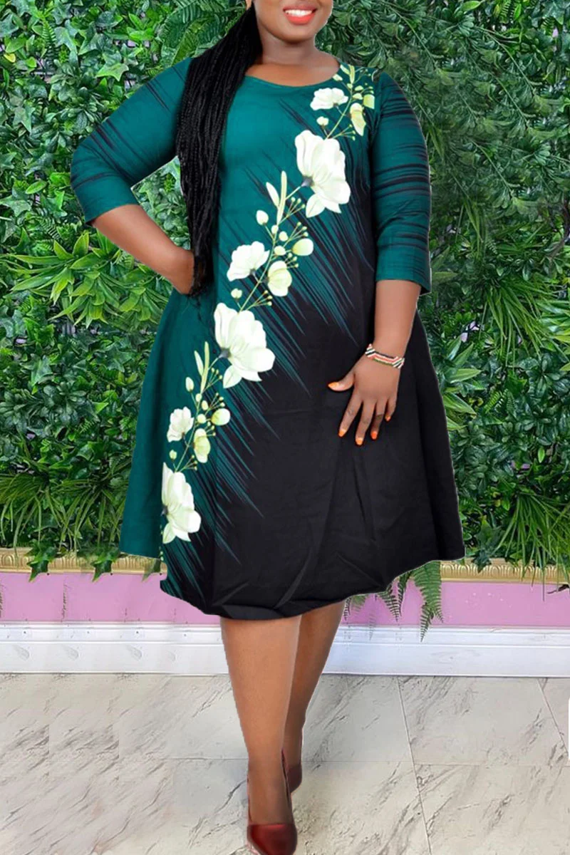 Green Casual Print Patchwork O Neck A Line Plus Size Dresses | EGEMISS