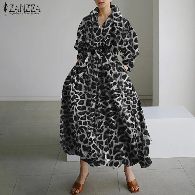 ZANZEA Elegant Autumn Leopard Printed Sundress Bohemian Women Lapel Neck Shirt Dress Femme Robe Long Sleeve Party Midi Vestidos