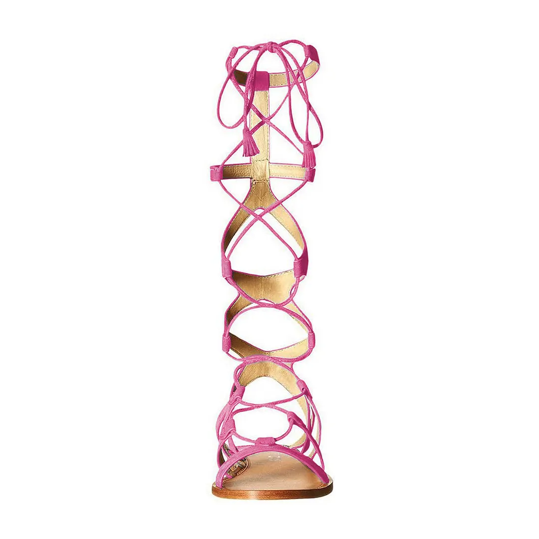 Lace Up Knee High Flat Gladiator Cute Pink Sandals for Women