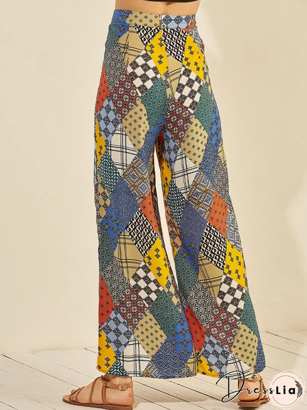 Colorful Plaid Print Drawstring Loose Long Casual Pants for Women