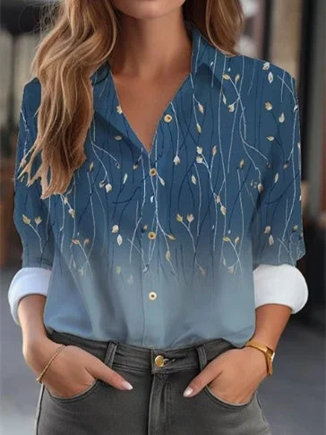 Women's Long Sleeve Shirt Collar Floral Printed Graphic Tops