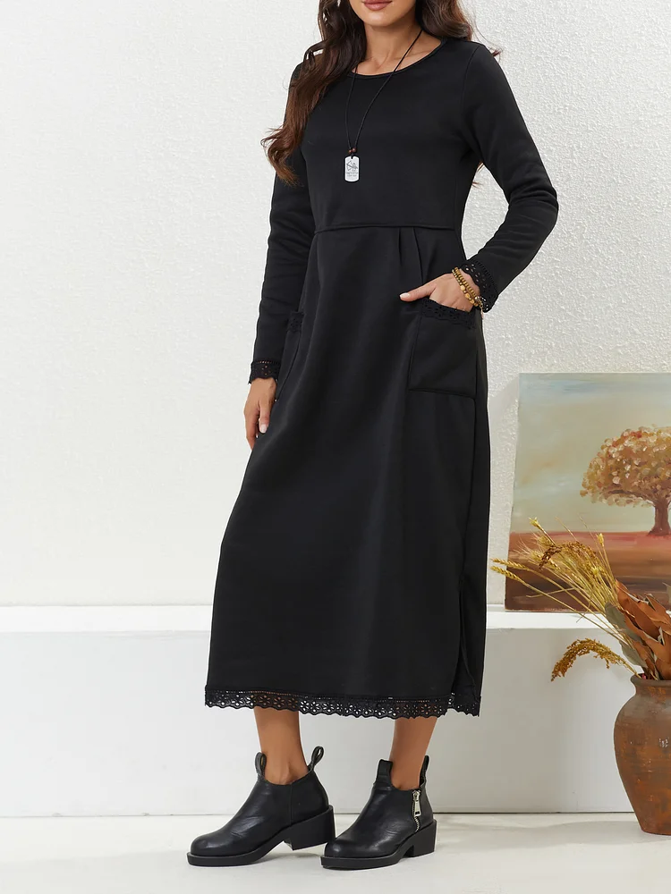 Women's Solid Maxi Dress Crew Neck Long Sleeve Solid Lace Hem Maxi Dress
