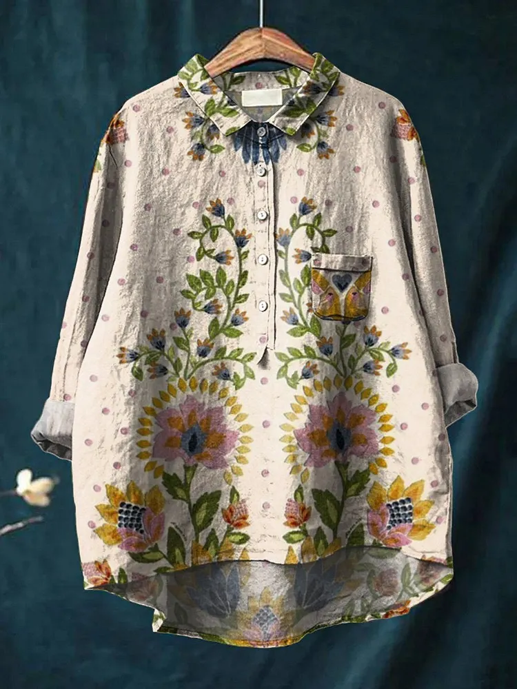 Tropical Floral Symmetrical Pattern Printed Women's Casual Cotton And Linen Shirt