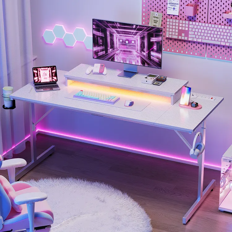 Bestier 52 inch Gaming Desk with Power Strip and LED Monitor Stand, Small Computer Desk for Home Office