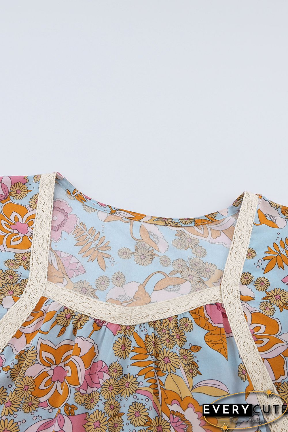 Multicolor Lace Trim Mix Floral Printed Contrast Ruffle Sleeve Blouse