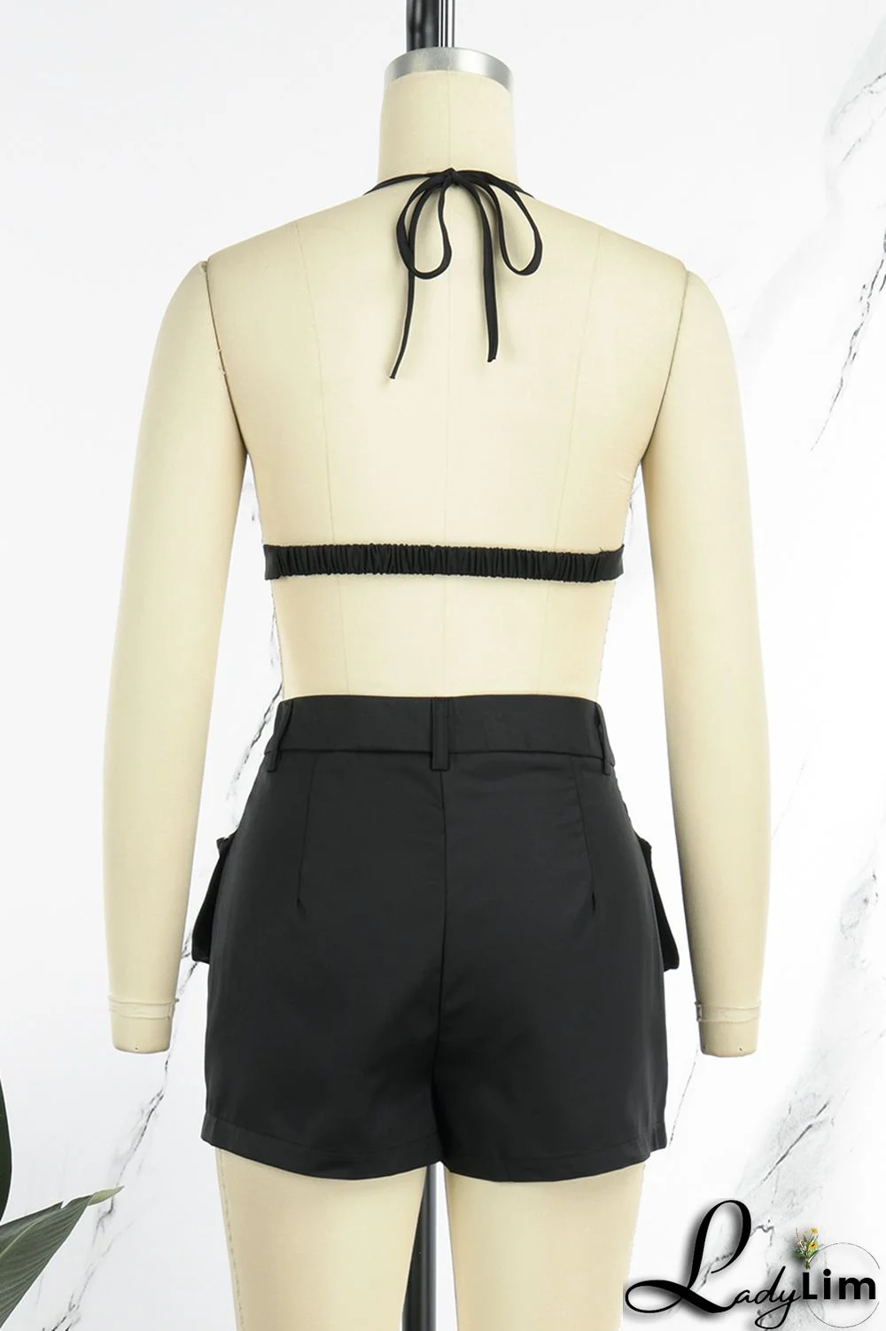 Olive Green Sexy Street Solid Patchwork Pocket Backless Sleeveless Two Pieces