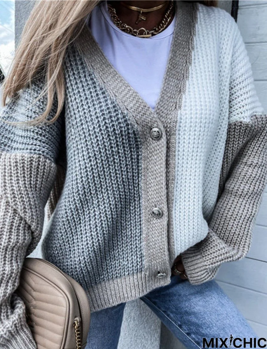 Casual Color Block Stitching Long-Sleeved Sweater Cardigan