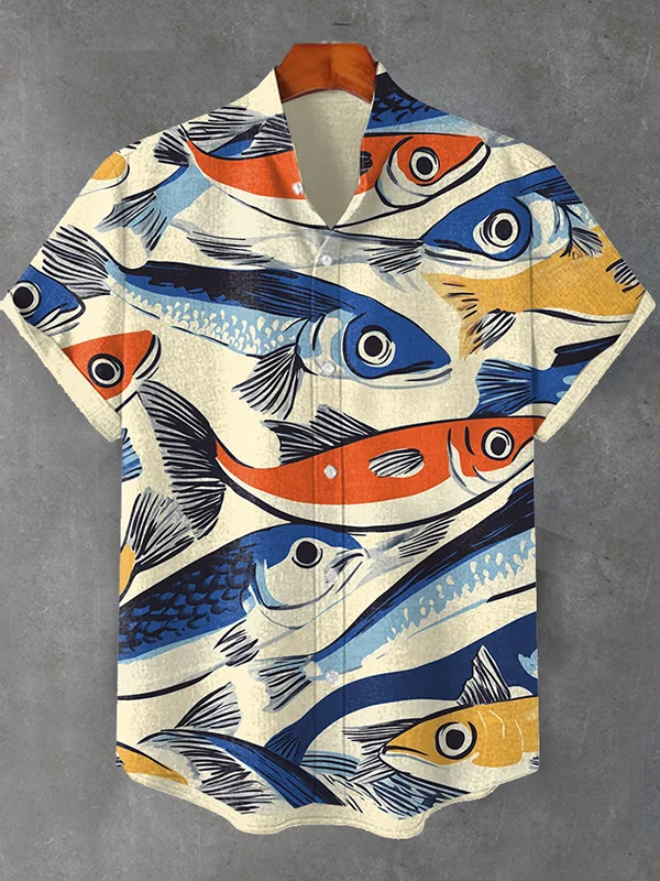 Men's Vintage Sardines Ukiyo-e Art Print Shirt