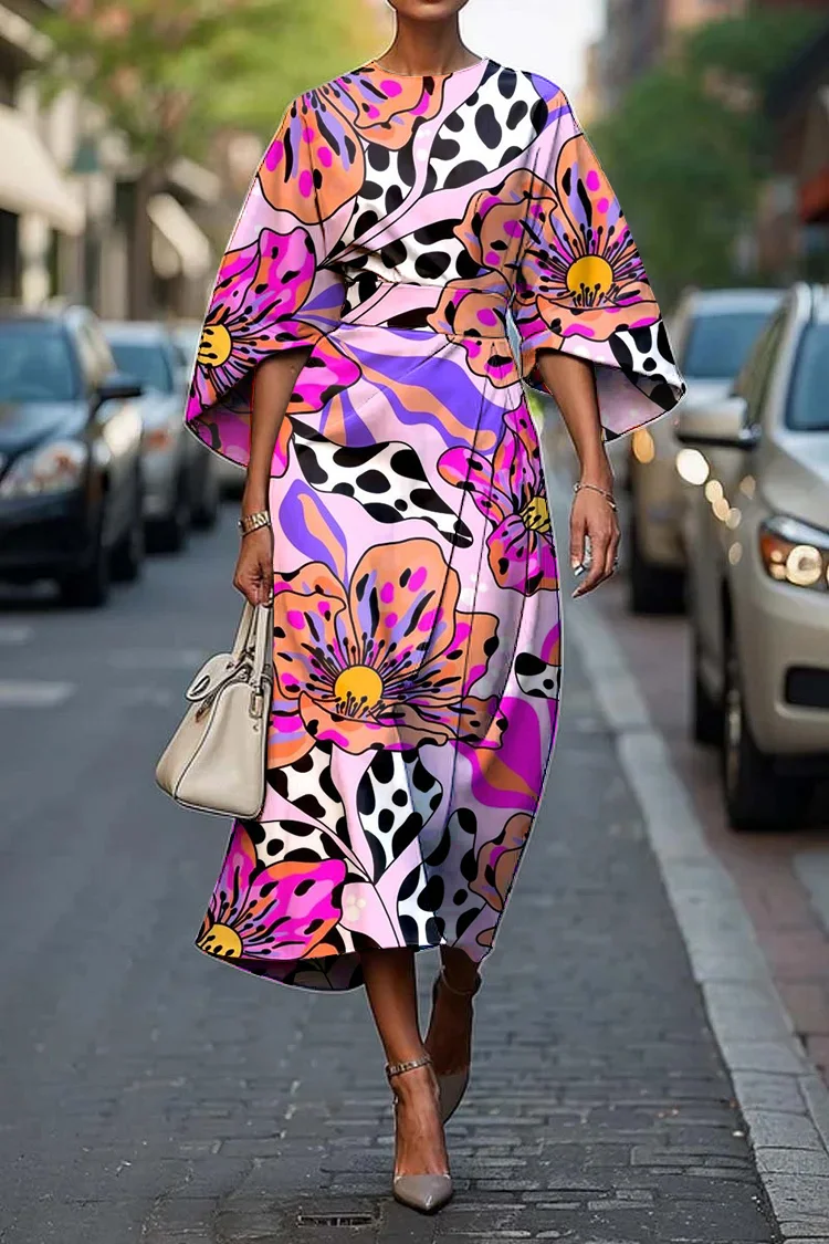 Women's Elegant Floral Art Print Midi Dress