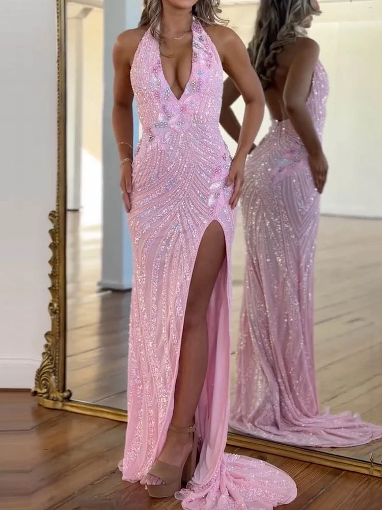 Shiny Sequinned Sleeveless Deep-V Neck Blackless Mermaid Dresses Party Dresses