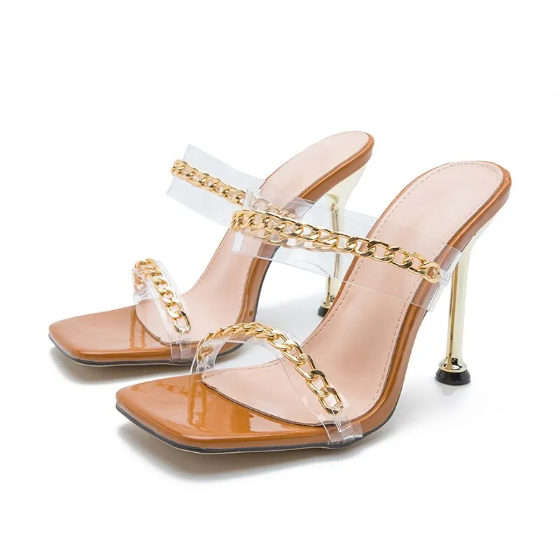 Women Slippers Sandals Chain Ladies High Heels Square Toe PU Shoes Summer Pumps Woman Plus Size Footwear Fashion New Shoe