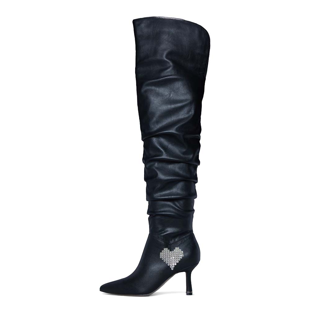 Women's Pointed Toe Rhinestone Heart Slouchy Over The Knee Boots Nicepairs