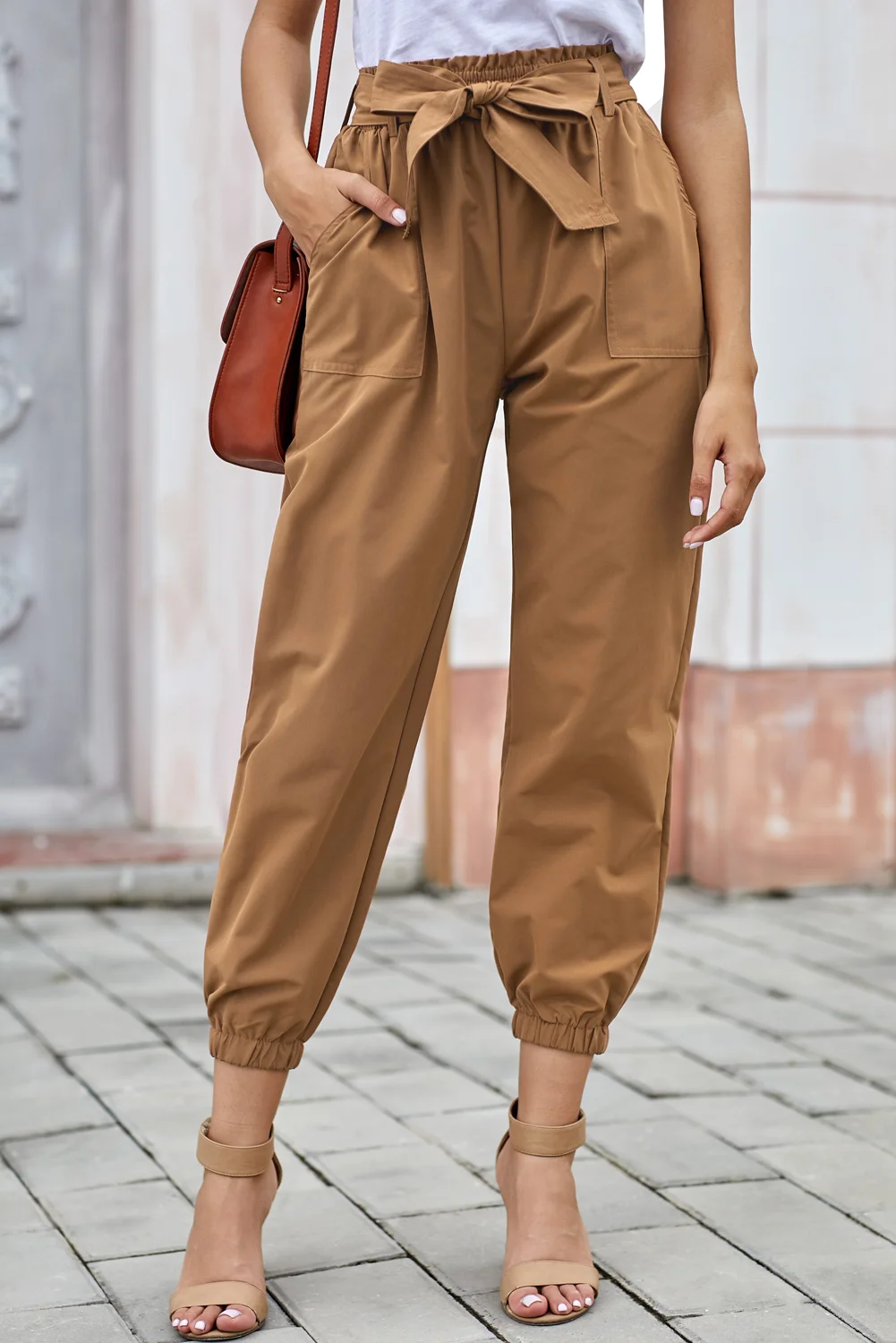 Khaki Solid Color Frock-style Pants with Belt | IFYHOME