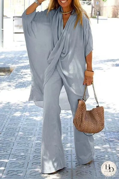Solid Split Joint Fold Asymmetrical V Neck Half Sleeve Two Pieces