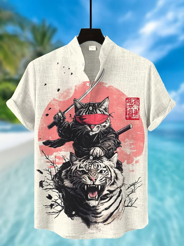 Men's White Tiger Cat Samurai Print Short Sleeve Shirt