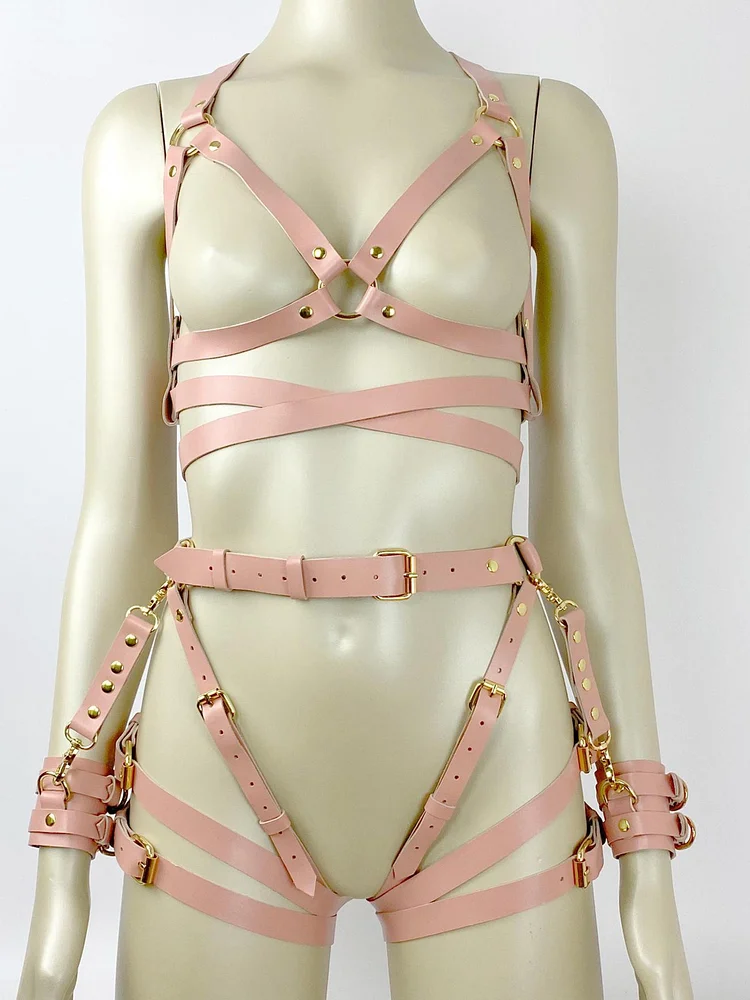 pornhint Pornhint Pink Bondage Kit, Leather Harnesses for Women, Open Bra Harness Bondages, Butt Harness, Pink Garters, Rave Costume, Plus size Harness Set leather body harnesses for women