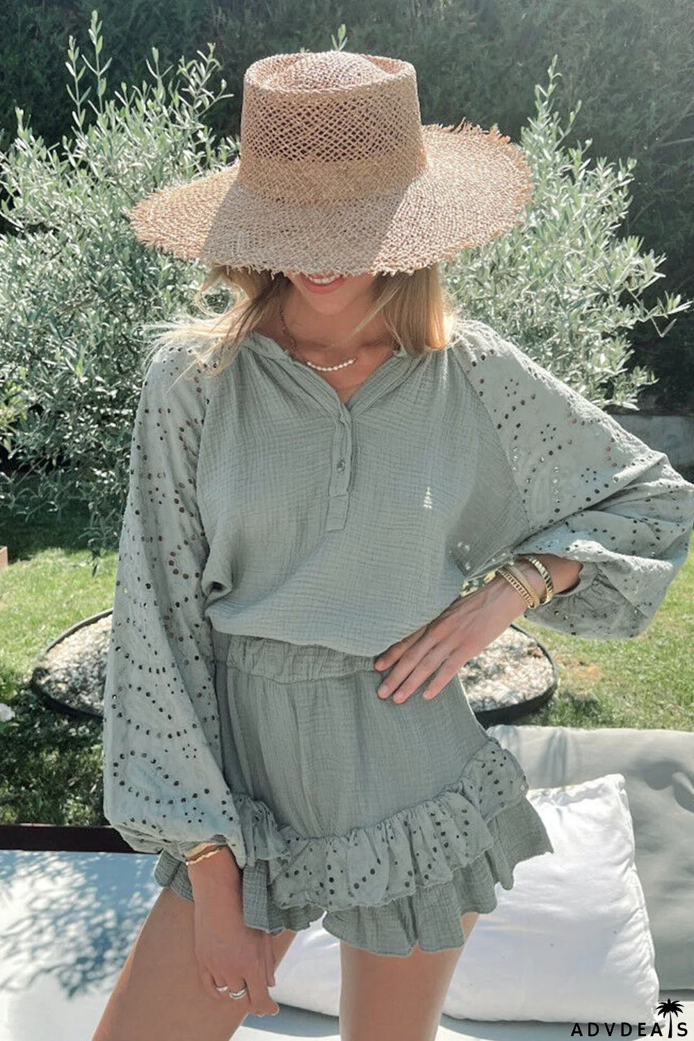 Green Eyelet Arm Ruffled and Shorts Raglan Top Set