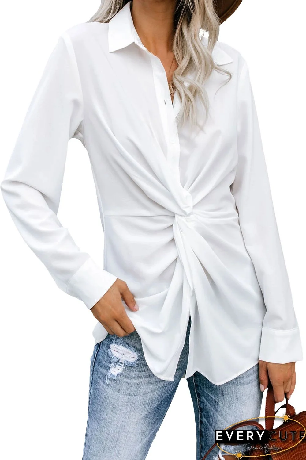 White Button Down Twist Blouse
