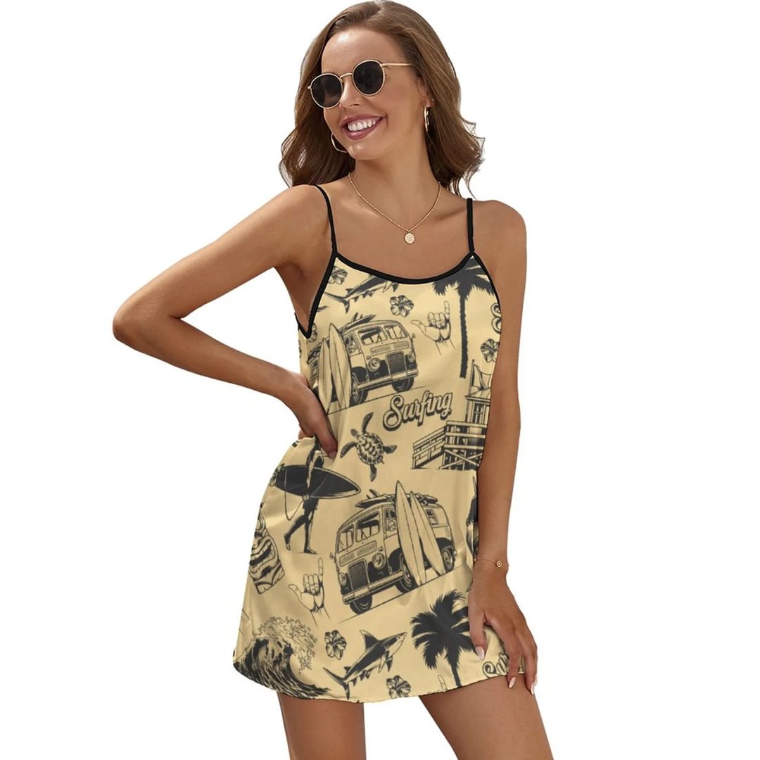 Vintage Shaka Sign Hang Loose Hawaii Aloha Surfing Full Slip Satin Dress Women's Adjustable Strap Mini Party Dresses