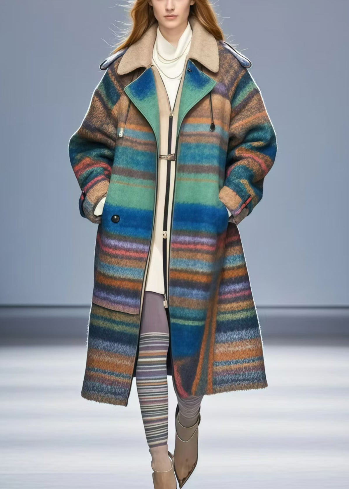 VCSHOES Colorblock Oversized Striped Woolen Coats Fall