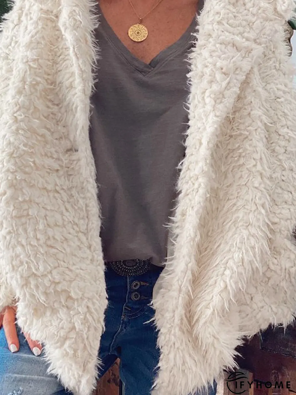 Casual Long Sleeve Shawl Collar Fleece Coat | IFYHOME