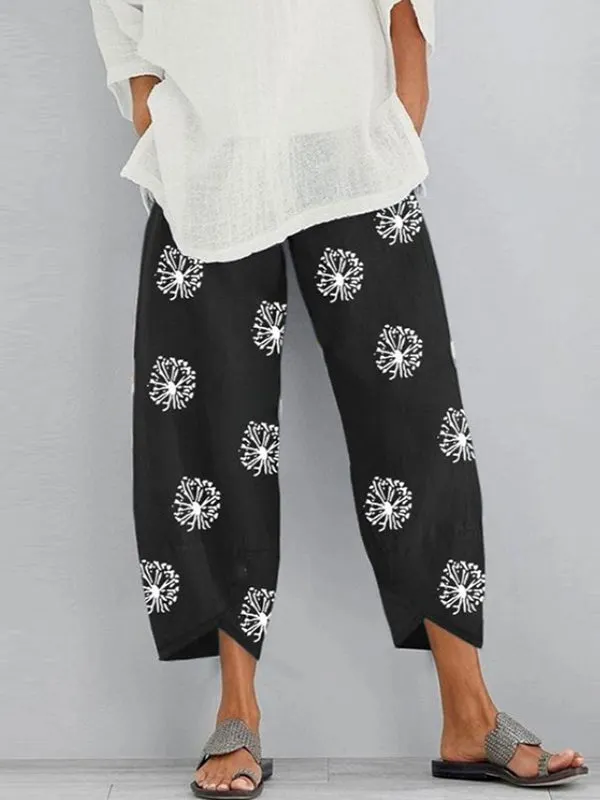 Loose Flower Print Pockets Split-Joint Pants Trousers