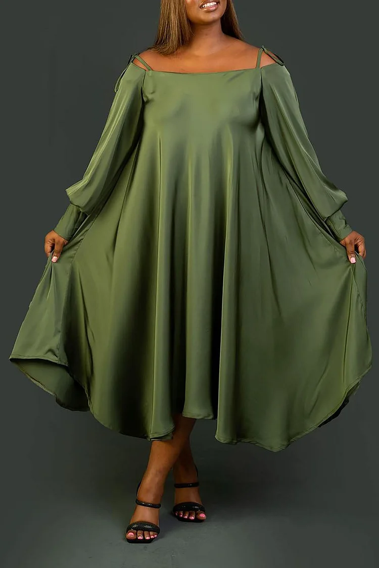 Plus Size Daily Midi Dresses Elegant Emerald Green Fall Winter Off The Shoulder Long Sleeve Cut Out Satin Midi Dresses [Pre-Order]