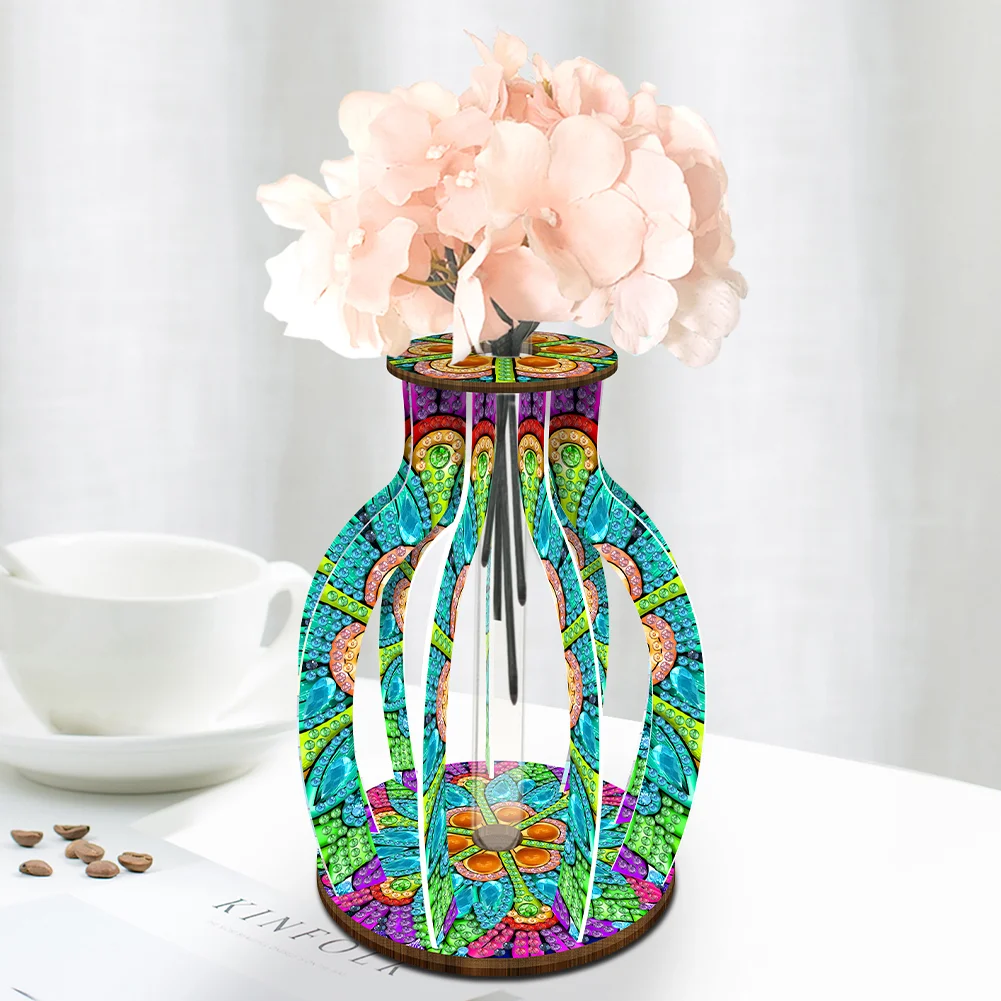 DIY Wood Mandala Diamond Painting Flower Vase Ornaments for Home Office Decor