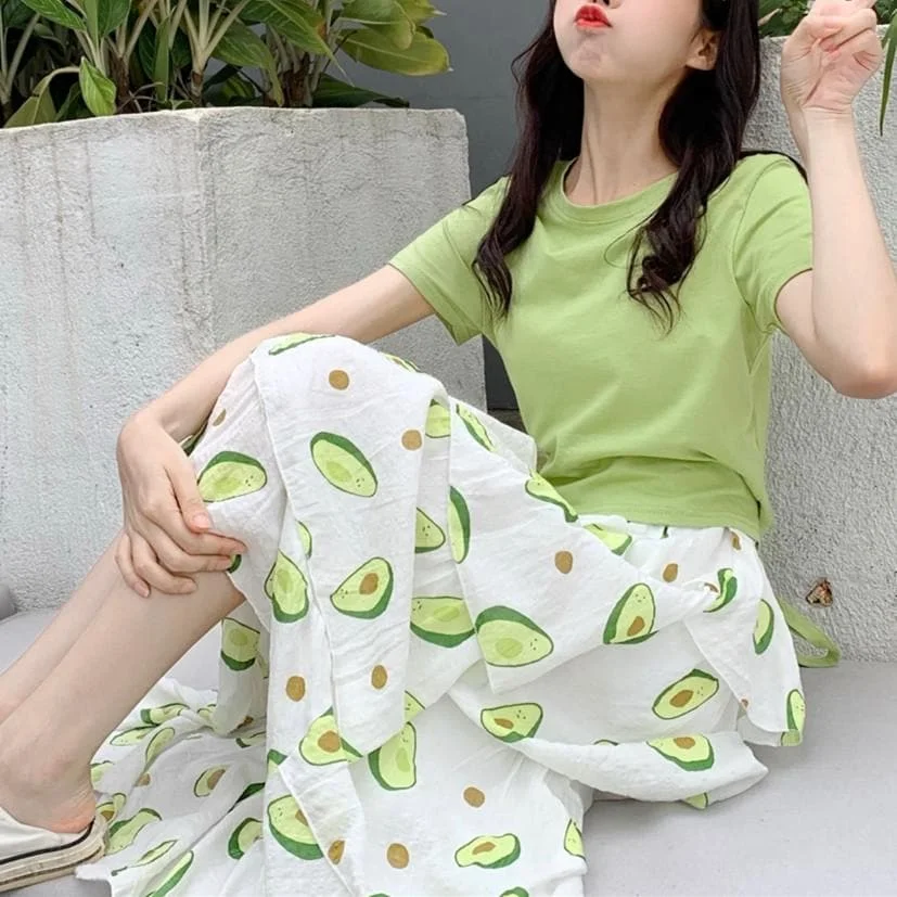 Green Kawaii Avocado Maxi Skirt/Laced T-Shirt SP13968