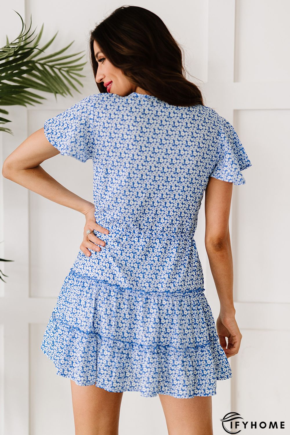 Blue V Neck Short Sleeve Layered Ruffled Floral Dress | IFYHOME