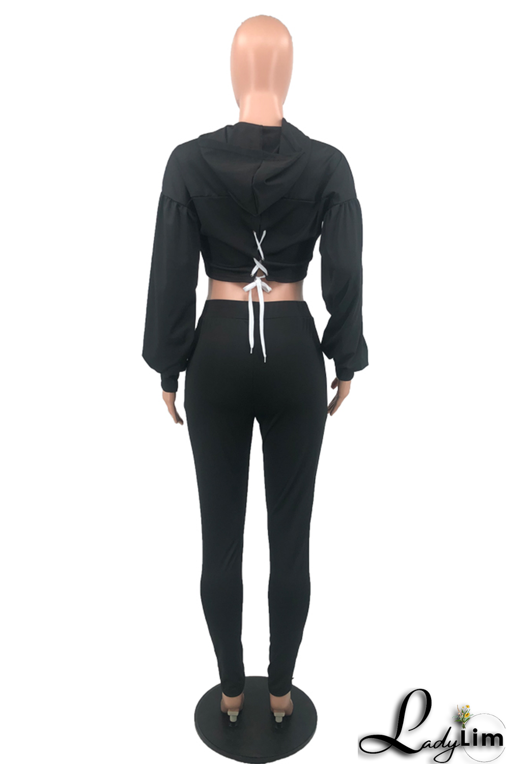 Black Casual Solid Draw String O Neck Long Sleeve Two Pieces