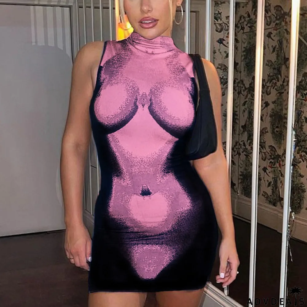 3d printing dress slim fit Round Neck sleeveless Tight Fitting Bodycon Dress