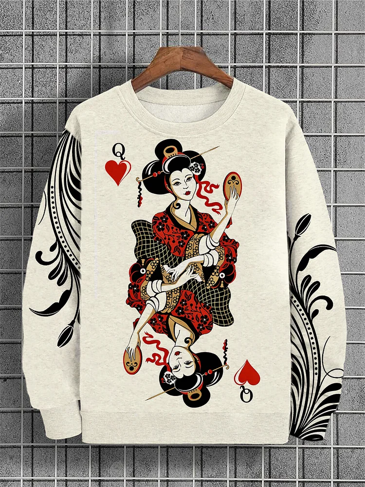 Men's Queen of Hearts Poker Japanese Kimono Girl Print Casual Sweatshirt
