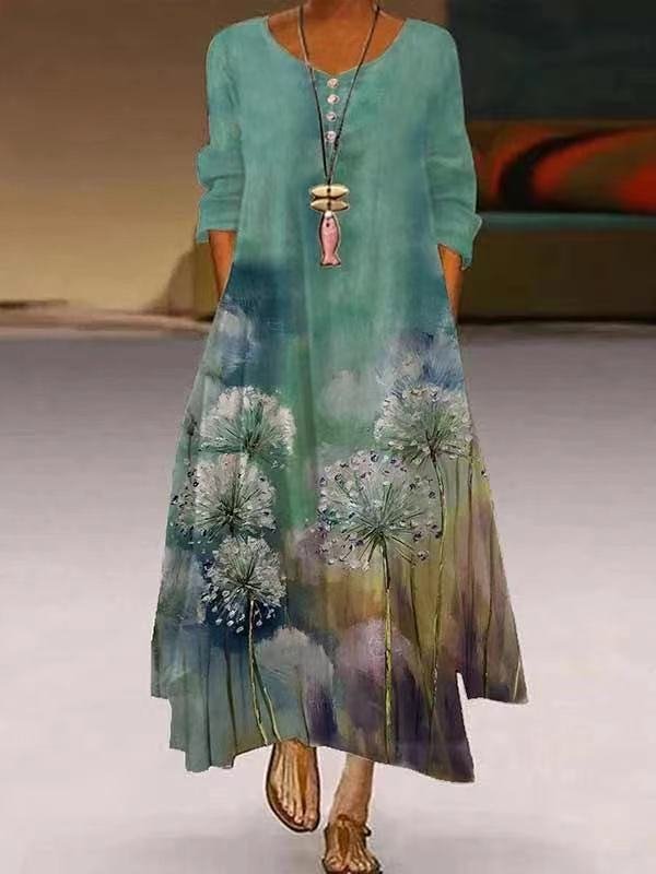 Dandelion Printed Round Neck Long-Sleeved Dress
