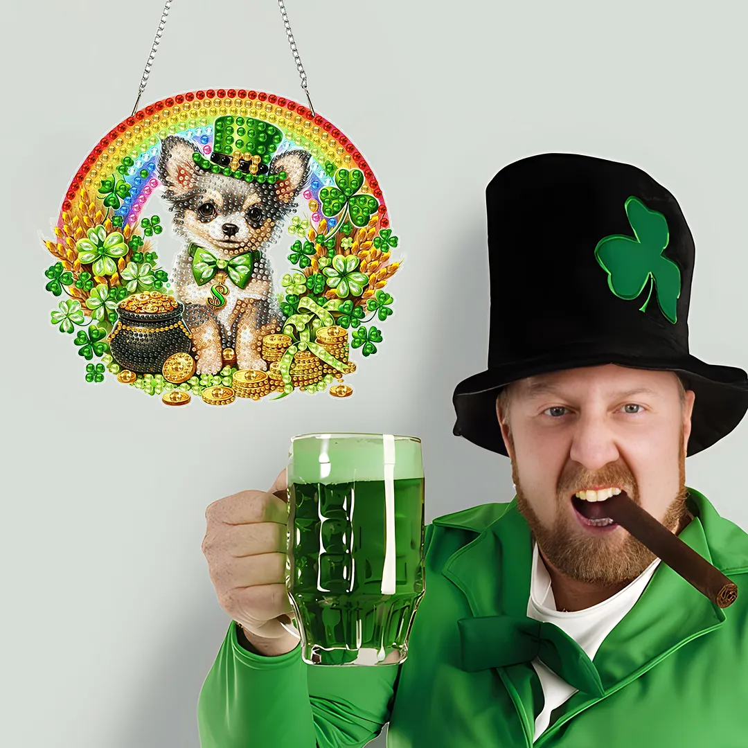 St Patricks Day Dog DIY 2D Flat Acrylic Diamond Painting Kits 5D Diamond Art Painting Window Pendants for Home Garden Wall Decoration