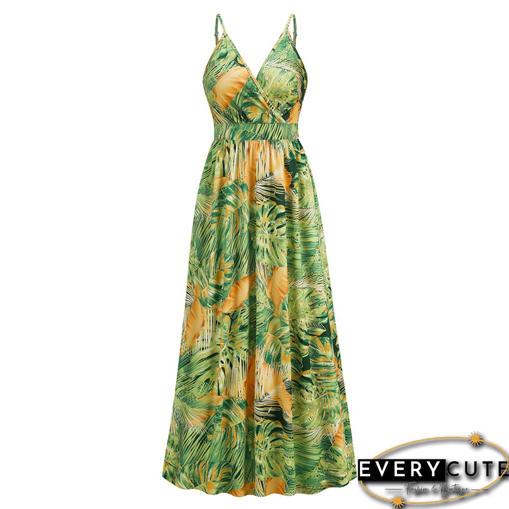 Light Green Bohemia Print V Neck Maxi Dress