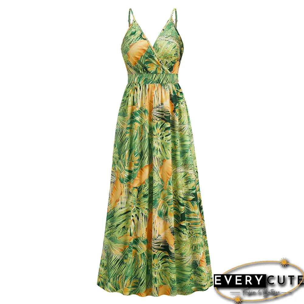 Light Green Bohemia Print V Neck Maxi Dress