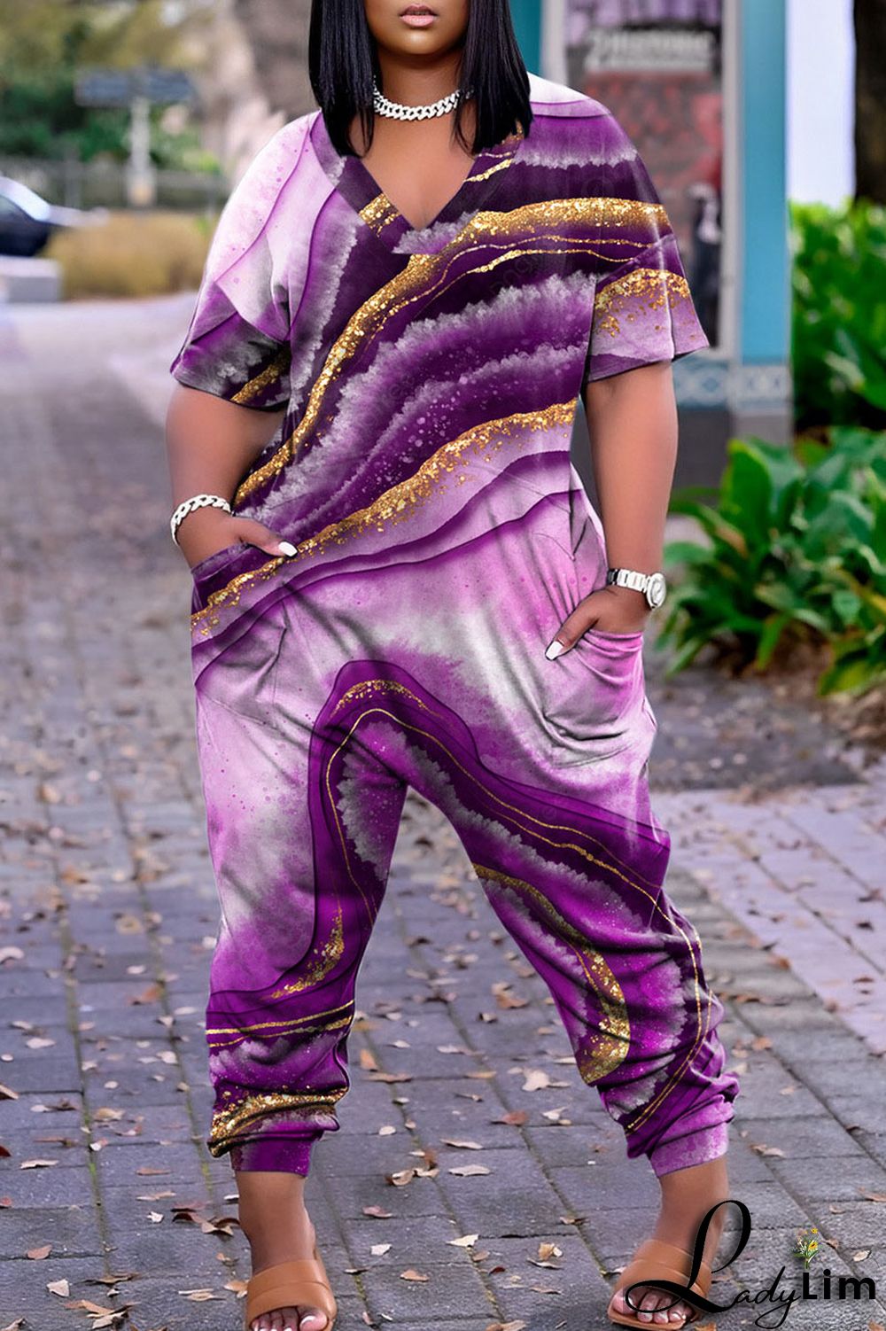 Lake Blue Street Print Patchwork V Neck Harlan Jumpsuits