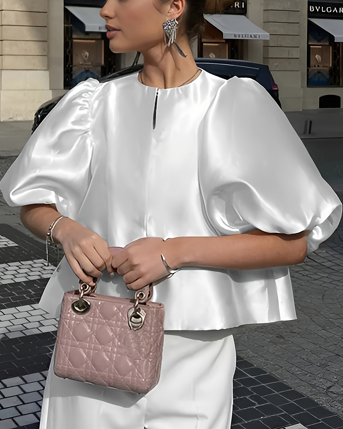 Puff Sleeve High Round Neck Stain Top