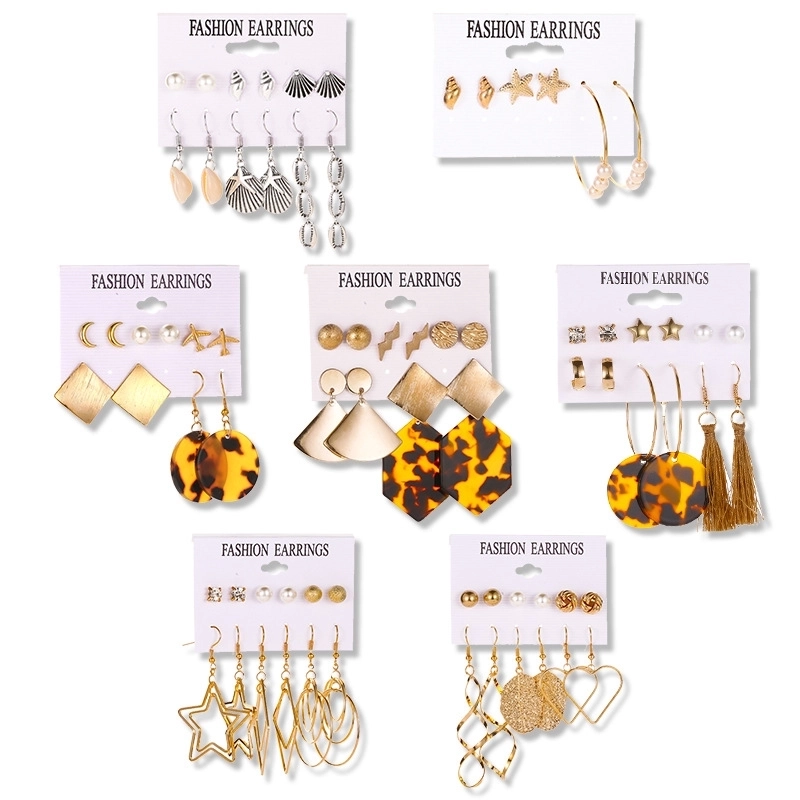 Hot Selling Set Tassel Earrings Metal Simple Card Earrings Female Leopard Print Leaves Hollow Geometric Earrings