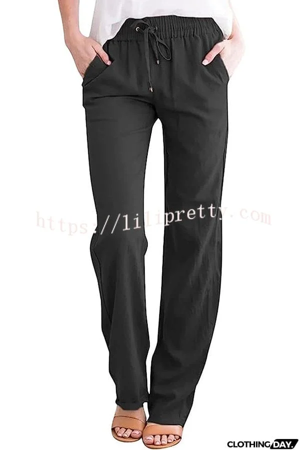 Soft Breathable Solid Color Drawstring Elastic Waist Long Straight Pants
