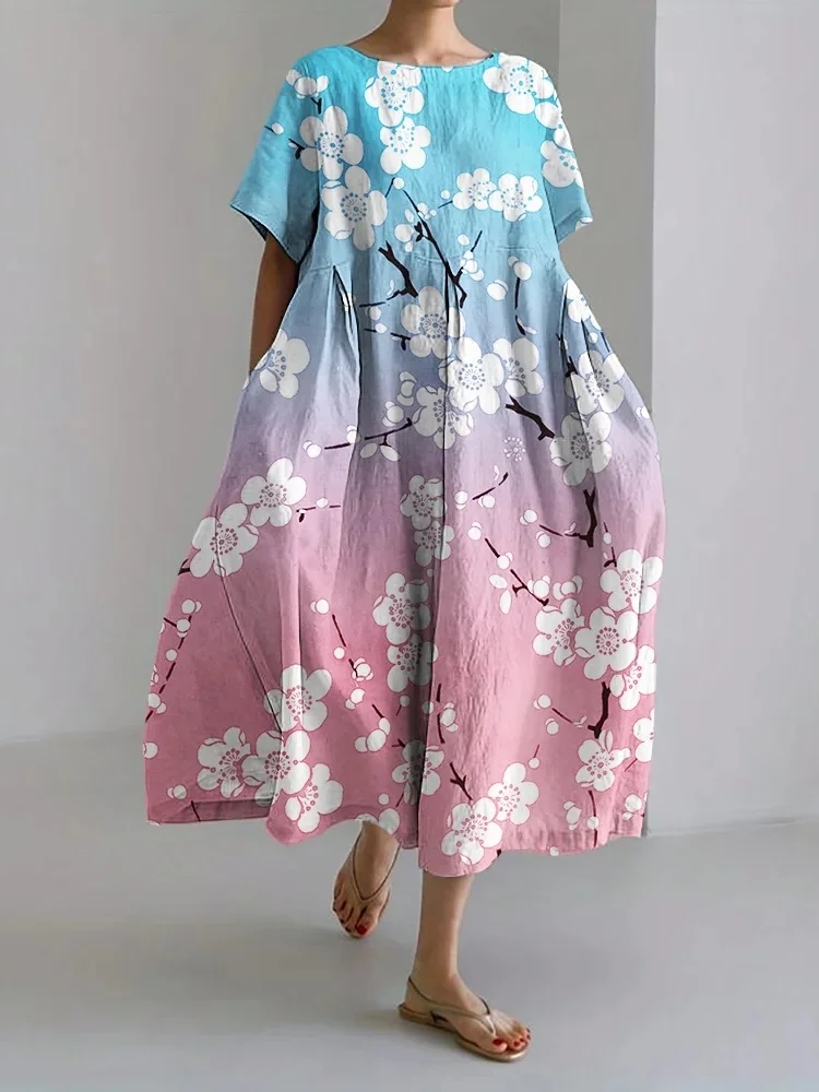 Japanese Plum Blossom Trans Flag Inspired Gradient Print Linen Blend Maxi Dress