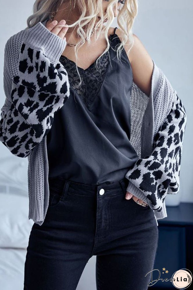 Leopard Sleeve Splicing Open Front V Neck Button Cardigan